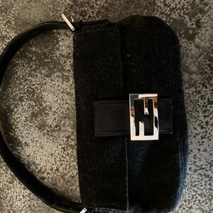 Fendi vintage charcoal wool and leather Handbag with Silver Accent